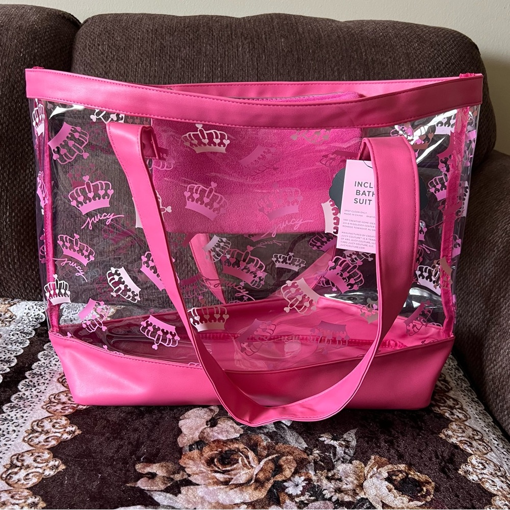 JUICY COUTURE XL Hot Pink Clear Beach Tote Bag Includes Detachable Pouch NWT